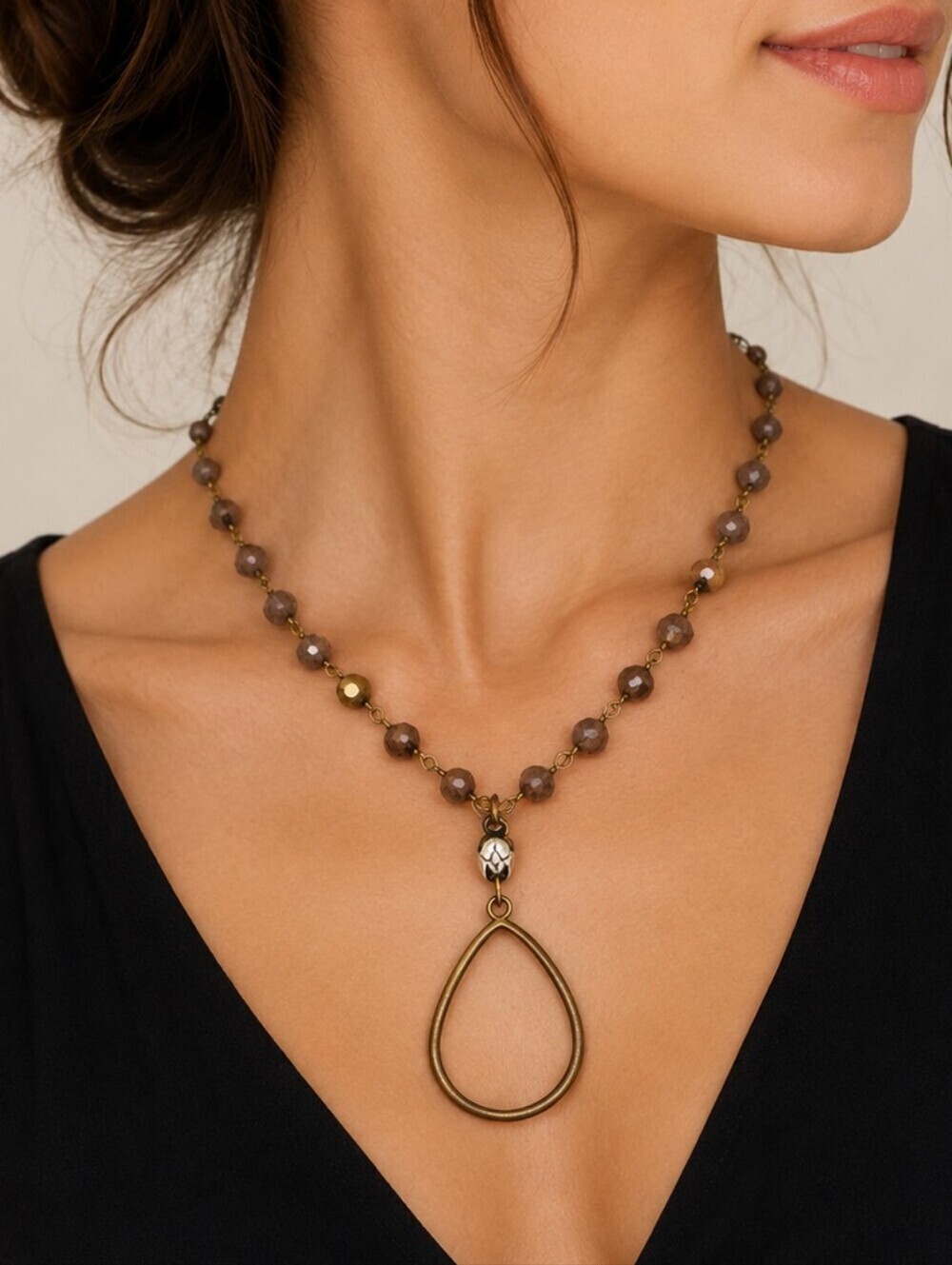 Antique Brass Teardrop Pendant Faceted Glass Beaded Chain Necklace